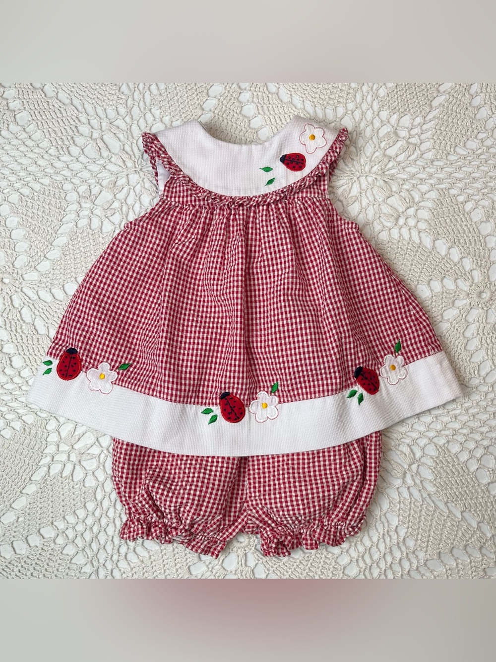 Vintage 1990s Little Bitty Baby Girl 12 Months Red Gingham Lady Bug Dress Set